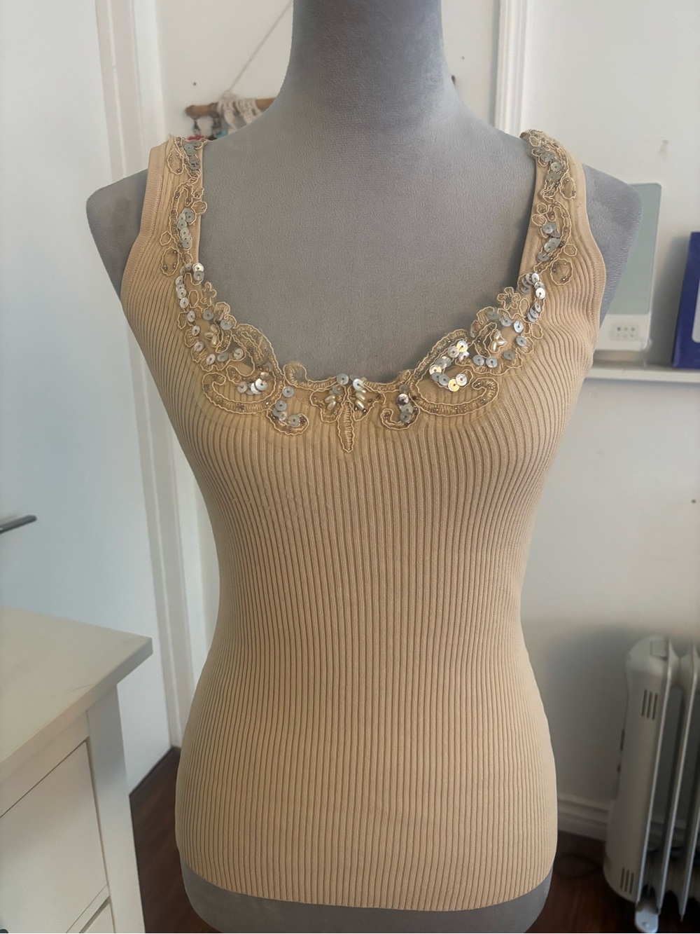 Cache Ribbed Tank Top with Sequin Lace Trim - Tan